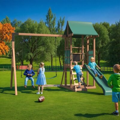 4-in-1 Outdoor Swing Set with Slide, Climbing Rock Wall & Soft Cushion Swings for Backyard