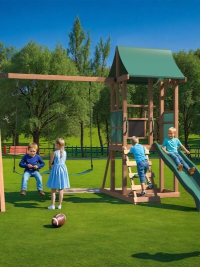 4-in-1 Outdoor Swing Set with Slide, Climbing Rock Wall & Soft Cushion Swings for Backyard