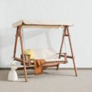 Alda 2-Seater Wooden Outdoor Swing with Canopy – Brown/Beige, Fabric Cushions, 55.1x80.3x77.6in