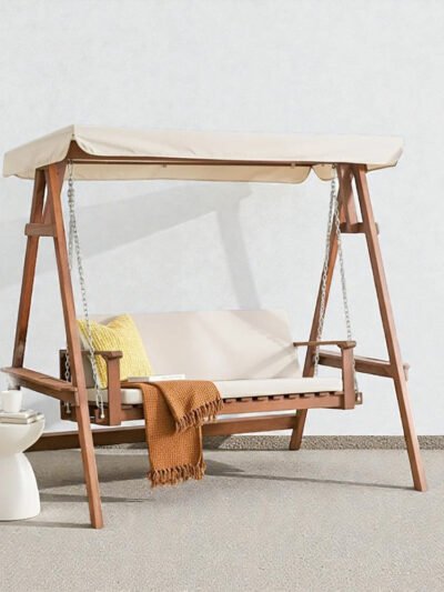 Alda 2-Seater Wooden Outdoor Swing with Canopy – Brown/Beige, Fabric Cushions, 55.1x80.3x77.6in