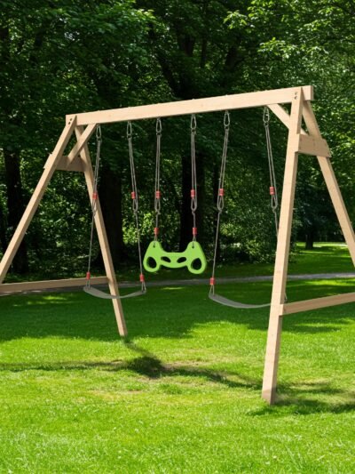 Backyard Discovery Wooden Swing Set – 2 Belt Swings & Trapeze Bar Outdoor Playset