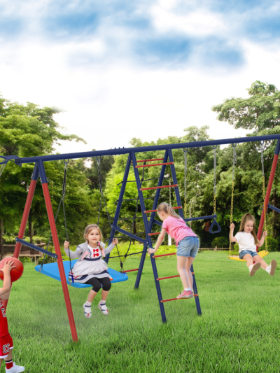 5-in-1 Swing Set, 440 lbs Capacity – Square Swing, Belt Swing, Climbing Ladder, Basketball Hoop & Hanging Rings