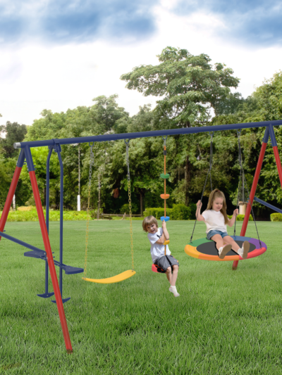 5-in-1 Outdoor Playset, 440 lbs Capacity – Saucer Swing, Belt Swing, Seesaw, Rope Swing & Basketball Hoop