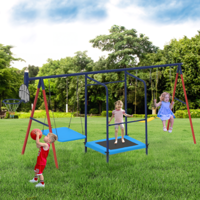 5-in-1 Metal Outdoor Playset, 440 lbs Capacity – Trampoline, Saucer Swing, Belt Swings & Basketball Hoop
