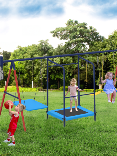 5-in-1 Metal Outdoor Playset, 440 lbs Capacity – Trampoline, Saucer Swing, Belt Swings & Basketball Hoop