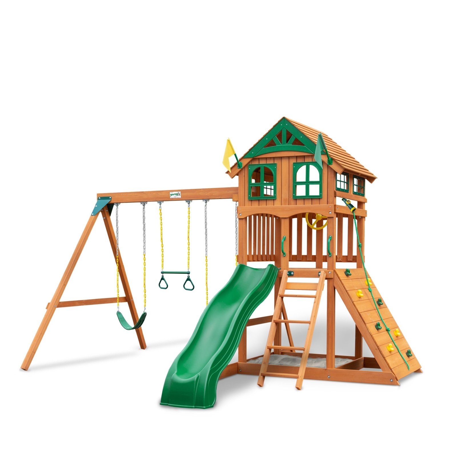 Outing Swing Set Green Wood Roof with Treehouse Windows