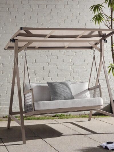 Outdoor 2-Seater Swing, Light Brown Frame with Gray Cushioned Seating