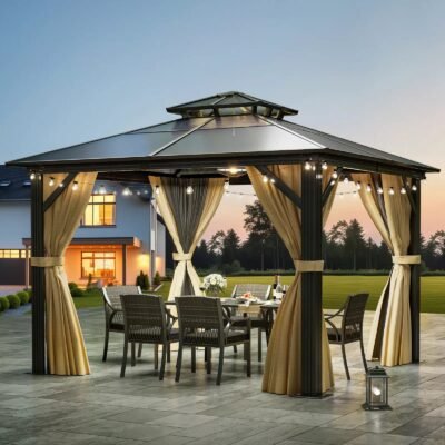 10x10 ft Aluminum Hard Top Gazebo with Mosquito Netting – UV Resistant Waterproof Outdoor Patio Shelter, Square