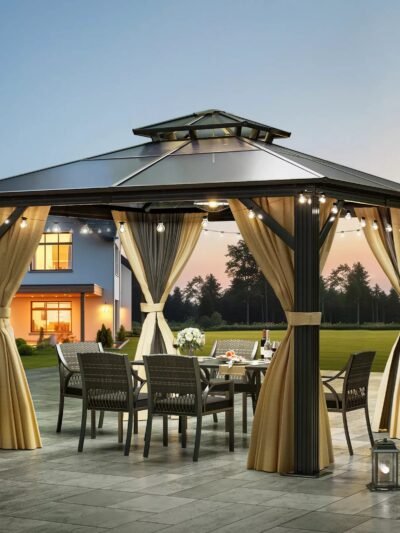 10x10 ft Aluminum Hard Top Gazebo with Mosquito Netting – UV Resistant Waterproof Outdoor Patio Shelter, Square