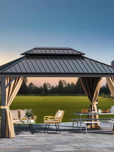 12x16 ft Aluminum Hard Top Gazebo with Mosquito Netting – UV Resistant Waterproof Outdoor Patio Shelter, Rectangular