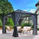 10x10 ft Aluminum Hard Top Gazebo with Mosquito Netting – UV Resistant Waterproof Outdoor Patio Shelter, Black