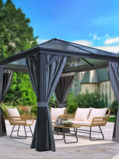 10x10 ft Aluminum Hard Top Gazebo with Mosquito Netting – UV Resistant Waterproof Outdoor Patio Shelter, Black