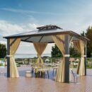 12x14 ft Aluminum Hard Top Gazebo with Mosquito Netting – UV Resistant Waterproof Outdoor Patio Shelter, Rectangular