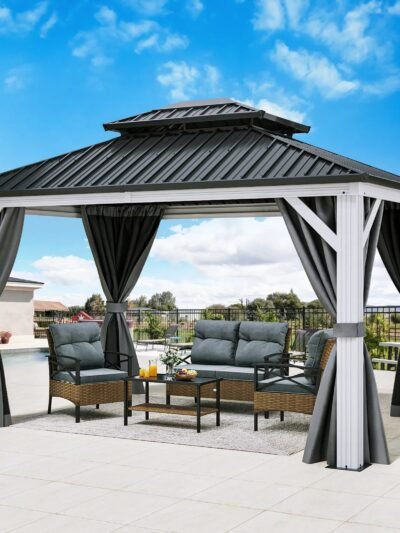 10x12 ft Aluminum Hard Top Gazebo with Mosquito Netting – UV Resistant Waterproof Outdoor Patio Shelter, 4-6 Person