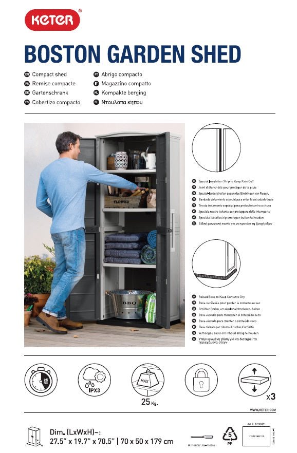 Keter Boston Tall Outdoor Storage Cabinet - Light Grey - Image 3